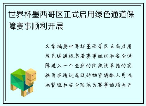 世界杯墨西哥区正式启用绿色通道保障赛事顺利开展
