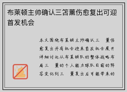 布莱顿主帅确认三笘薰伤愈复出可迎首发机会