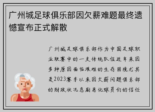 广州城足球俱乐部因欠薪难题最终遗憾宣布正式解散 广州城足球俱乐部因欠薪难题最终遗憾宣布正式解散